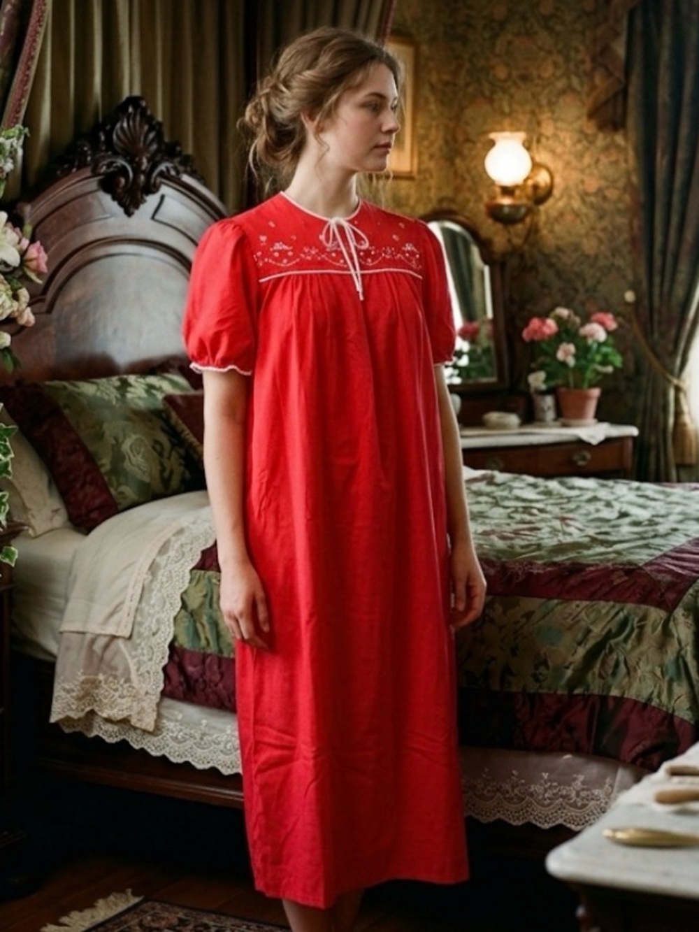 Lorraine Vintage 50’s Red Cotton Midi Nightgown/Dress With White Embroidery
